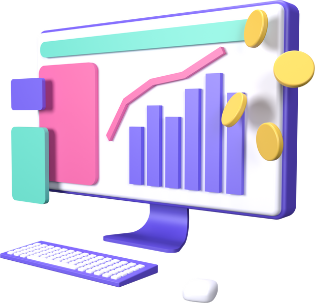 3D Computer with Sales Report Illustration 